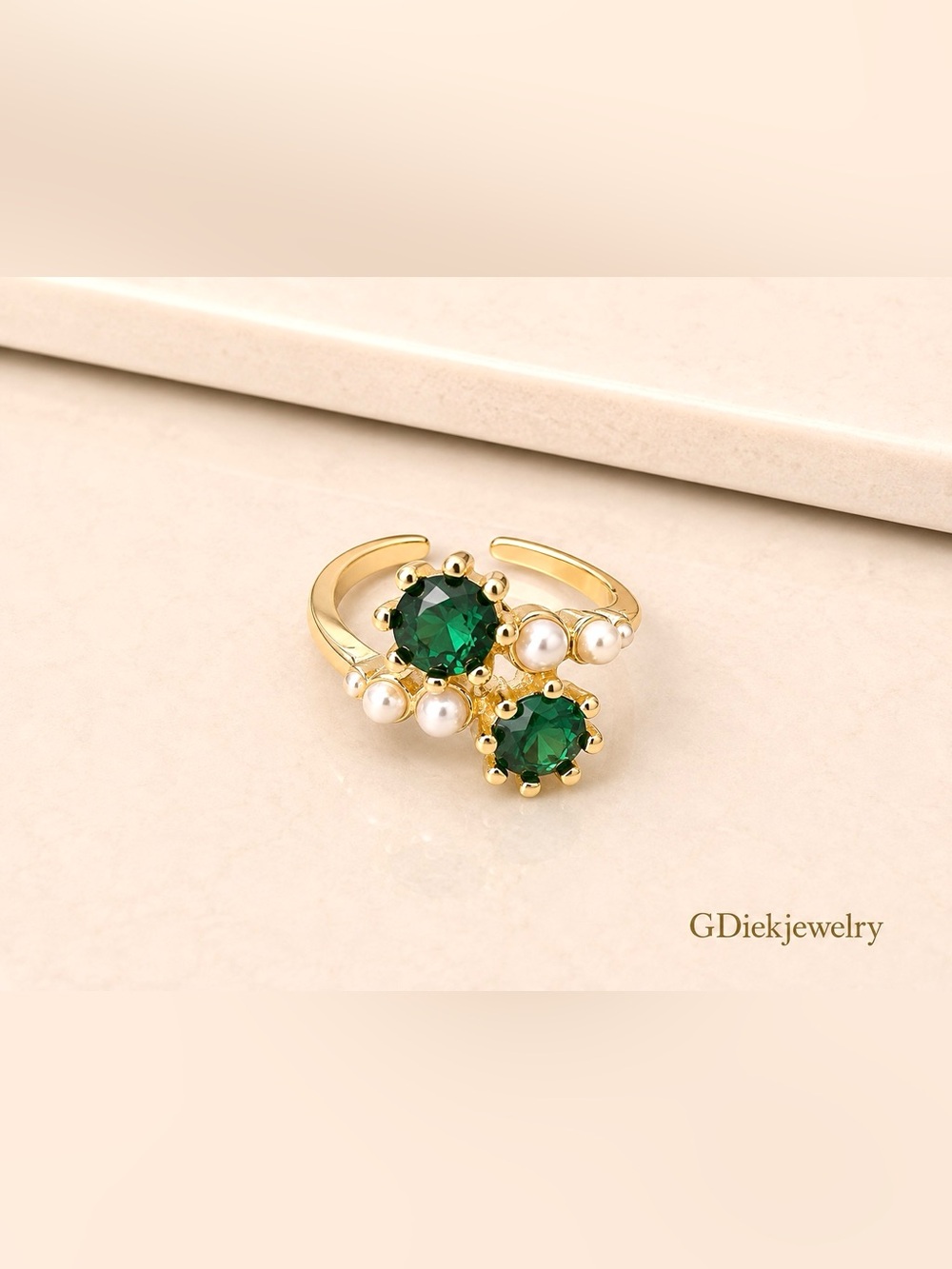 Goldfilled Adjustable Ring with Green Gemstones and Pearls - Women Jewelry
